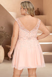 Amiya A-line V-Neck Knee-Length Chiffon Lace Homecoming Dress With Beading STIP0020565