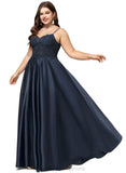 Claire A-line V-Neck Floor-Length Lace Satin Prom Dresses With Sequins STIP0020847