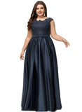 Evelin Ball-Gown/Princess Scoop Floor-Length Satin Prom Dresses With Beading Bow Sequins STIP0020874