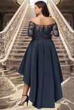 Princess A-line Off the Shoulder Asymmetrical Lace Satin Homecoming Dress With Sequins STIP0020580