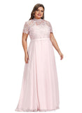 Elsie A-line High Neck Floor-Length Chiffon Lace Evening Dress STIP0020977