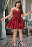 Lesley A-line V-Neck Short/Mini Lace Satin Homecoming Dress With Beading STIP0020554