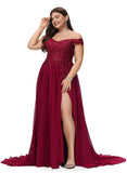 Bella A-line Off the Shoulder Sweep Train Chiffon Lace Evening Dress With Sequins STIP0020830