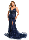 Natalie Trumpet/Mermaid V-Neck Sweep Train Lace Prom Dresses With Sequins STIP0020940