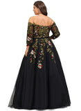 Phoebe Ball-Gown/Princess Off the Shoulder Floor-Length Lace Tulle Evening Dress With Beading STIP0020866