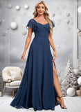 America A-line V-Neck Floor-Length Chiffon Bridesmaid Dress With Ruffle STIP0025802