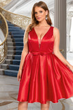 Kiersten A-line V-Neck Short/Mini Satin Homecoming Dress With Bow STIP0020583