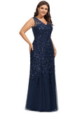 Bella Trumpet/Mermaid V-Neck Floor-Length Lace Tulle Evening Dress With Sequins STIP0020986