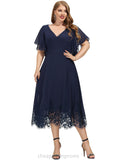 Susan A-line V-Neck Tea-Length Chiffon Lace Cocktail Dress With Sequins STIP0020887