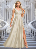 Iyana A-line V-Neck Floor-Length Satin Prom Dresses STIP0025877