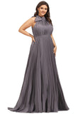 Cierra A-line High Neck Sweep Train Chiffon Evening Dress With Bow Pleated STIP0020927