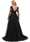 Bailee Ball-Gown/Princess V-Neck Sweep Train Lace Tulle Prom Dresses With Sequins STIP0020894