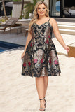 Kim A-line V-Neck Knee-Length Lace Satin Homecoming Dress With Flower STIP0020521