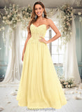 Kamila Ball-Gown/Princess V-Neck Floor-Length Tulle Prom Dresses With Sequins Appliques Lace STIP0025837