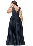 Evelin Ball-Gown/Princess Scoop Floor-Length Satin Prom Dresses With Beading Bow Sequins STIP0020874