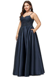 Claire A-line V-Neck Floor-Length Lace Satin Prom Dresses With Sequins STIP0020847