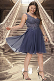 Ginny A-line V-Neck Short/Mini Chiffon Lace Homecoming Dress With Beading STIP0020536