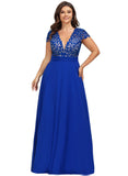 Genesis A-line V-Neck Floor-Length Chiffon Lace Evening Dress STIP0020891