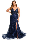 Natalie Trumpet/Mermaid V-Neck Sweep Train Lace Prom Dresses With Sequins STIP0020940