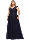 Estrella A-line V-Neck Floor-Length Lace Tulle Evening Dress With Sequins STIP0020861