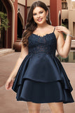 Katelynn A-line V-Neck Short/Mini Lace Satin Homecoming Dress STIP0020504