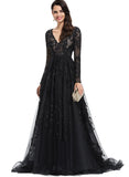 Cali Ball-Gown/Princess V-Neck Sweep Train Lace Tulle Evening Dress With Sequins STIP0020881