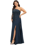 Frederica Sheath/Column One Shoulder Floor-Length Chiffon Lace Evening Dress With Sequins STIP0020775