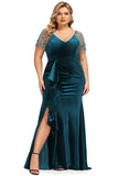 Harper Sheath/Column V-Neck Sweep Train Velvet Evening Dress With Beading Cascading Ruffles STIP0020875