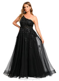 Barbara A-line One Shoulder Floor-Length Lace Tulle Prom Dresses With Sequins STIP0020842