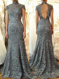 Camila Trumpet/Mermaid Lace Ruched High Neck Short Sleeves Sweep/Brush Train Mother of the Bride Dresses STIP0020320