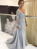 Heidi Sheath/Column Tulle Applique V-neck Long Sleeves Sweep/Brush Train Mother of the Bride Dresses STIP0020380