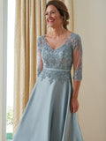 Arely A-Line/Princess Satin Applique V-neck 3/4 Sleeves Floor-Length Mother of the Bride Dresses STIP0020381