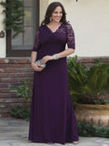 Ellie A-Line/Princess Satin Lace V-neck 1/2 Sleeves Floor-Length Mother of the Bride Dresses STIP0020382