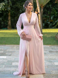 Danna A-Line/Princess Chiffon Ruffles V-neck Long Sleeves Sweep/Brush Train Mother of the Bride Dresses STIP0020387