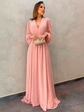 Gabriella A-Line/Princess Chiffon Ruffles V-neck Long Sleeves Sweep/Brush Train Mother of the Bride Dresses STIP0020407