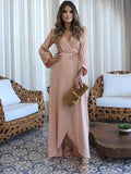 Ally A-Line/Princess Silk like Satin Ruched V-neck Long Sleeves Floor-Length Mother of the Bride Dresses STIP0020410