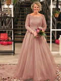 Cali A-Line/Princess Tulle Applique Scoop Long Sleeves Court Train Mother of the Bride Dresses STIP0020413