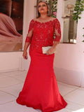 Scarlett Sheath/Column Satin Applique Scoop 3/4 Sleeves Sweep/Brush Train Mother of the Bride Dresses STIP0020427