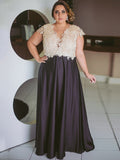 Lorna A-Line/Princess Satin Lace V-neck Short Sleeves Floor-Length Mother of the Bride Dresses STIP0020374