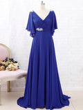 Jayleen A-Line/Princess Chiffon Beading V-neck Short Sleeves Sweep/Brush Train Mother of the Bride Dresses STIP0020288