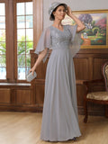 Lisa A-Line/Princess Chiffon Applique V-neck 1/2 Sleeves Floor-Length Mother of the Bride Dresses STIP0020334