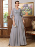 Lisa A-Line/Princess Chiffon Applique V-neck 1/2 Sleeves Floor-Length Mother of the Bride Dresses STIP0020334