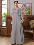 Lisa A-Line/Princess Chiffon Applique V-neck 1/2 Sleeves Floor-Length Mother of the Bride Dresses STIP0020334