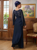 Karina A-Line/Princess Chiffon Applique V-neck Long Sleeves Floor-Length Mother of the Bride Dresses STIP0020335