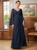 Karina A-Line/Princess Chiffon Applique V-neck Long Sleeves Floor-Length Mother of the Bride Dresses STIP0020335