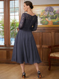 Kathleen A-Line/Princess Chiffon Lace Scoop 3/4 Sleeves Tea-Length Mother of the Bride Dresses STIP0020347