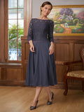 Kathleen A-Line/Princess Chiffon Lace Scoop 3/4 Sleeves Tea-Length Mother of the Bride Dresses STIP0020347