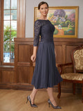 Kathleen A-Line/Princess Chiffon Lace Scoop 3/4 Sleeves Tea-Length Mother of the Bride Dresses STIP0020347