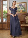 Annika A-Line/Princess Chiffon Applique V-neck Short Sleeves Floor-Length Mother of the Bride Dresses STIP0020337