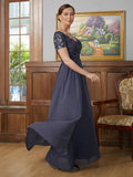 Annika A-Line/Princess Chiffon Applique V-neck Short Sleeves Floor-Length Mother of the Bride Dresses STIP0020337